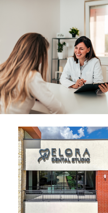 Collage featuring the reception area and a consultation room at Elora Dental Studio